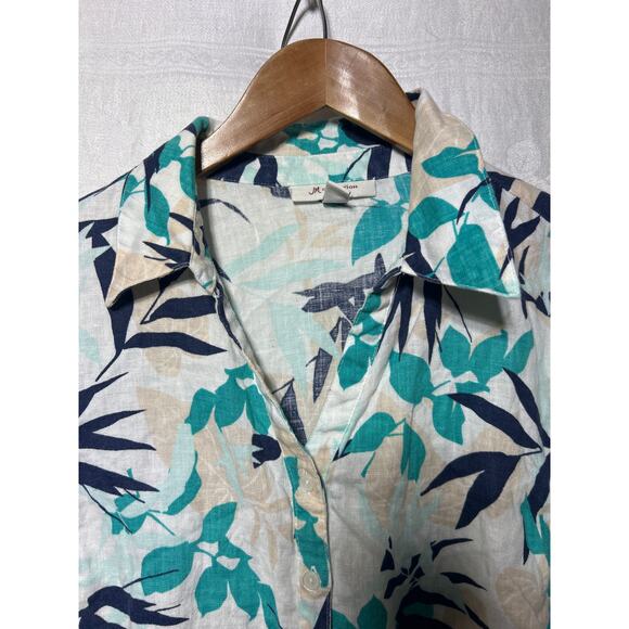 JM Collection 100% Linen Shirt 16 White Blue Floral Tropical Button Up Boxy Tie - Picture 5 of 9